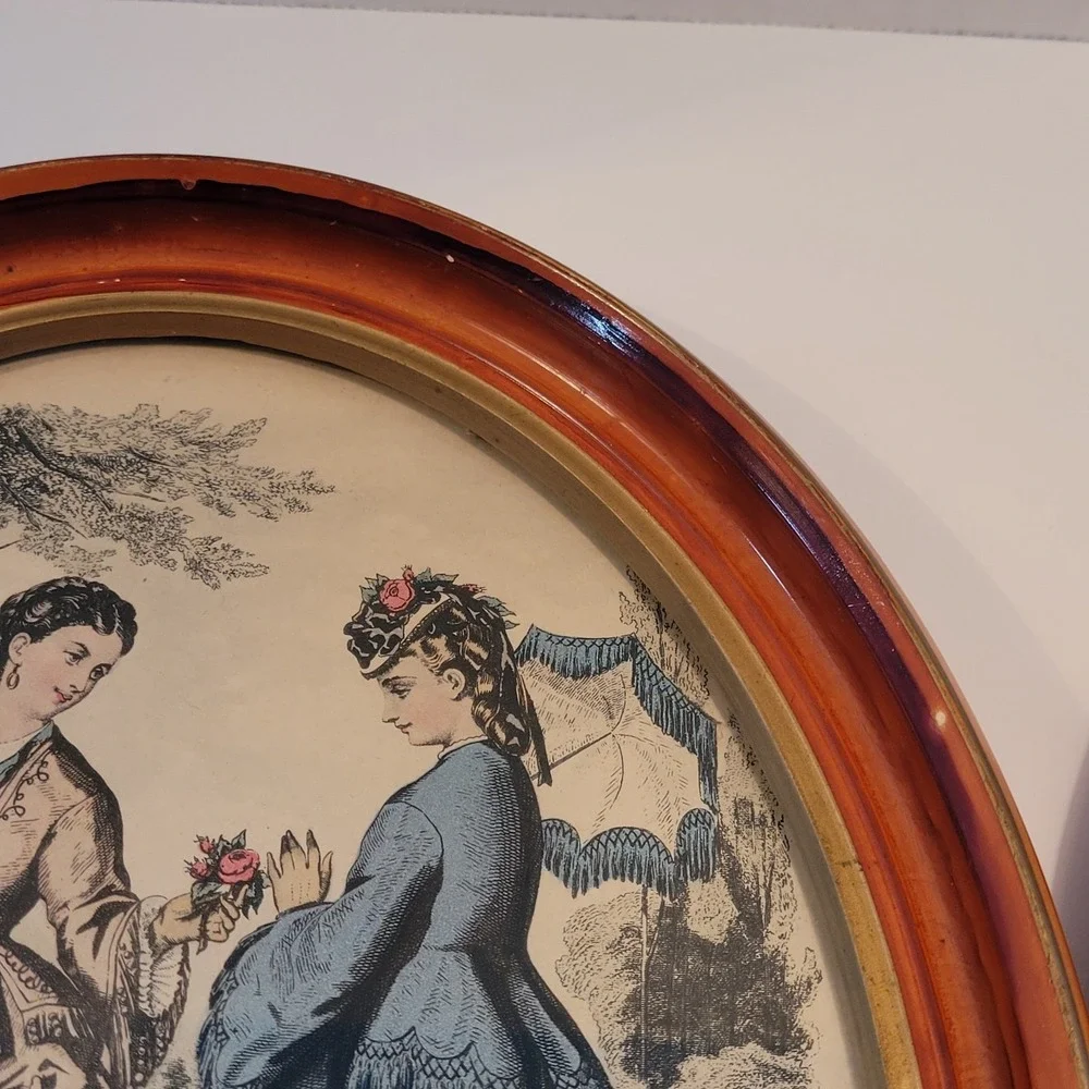 VTG LA MODE ILLUSTRE Victorian Ladies In Garden Wooden Oval Picture Frames
